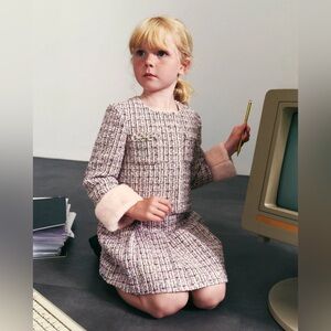 NWT Self Portrait Pink Boucle Fur Tweed Jacket w/ Pleated Skirt, 10 - 12 Years